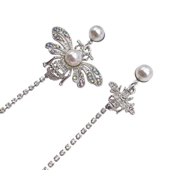 Silver with White and AB Crystal Mismatching Bees Post Back Earrings - Picture 3 of 8